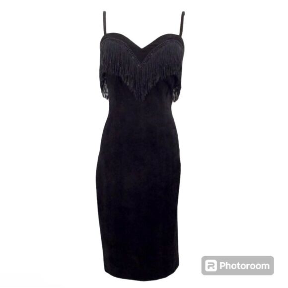 Unique vintage Pia Rucci black suede leather dress 6 BoxD heavily beaded Midi